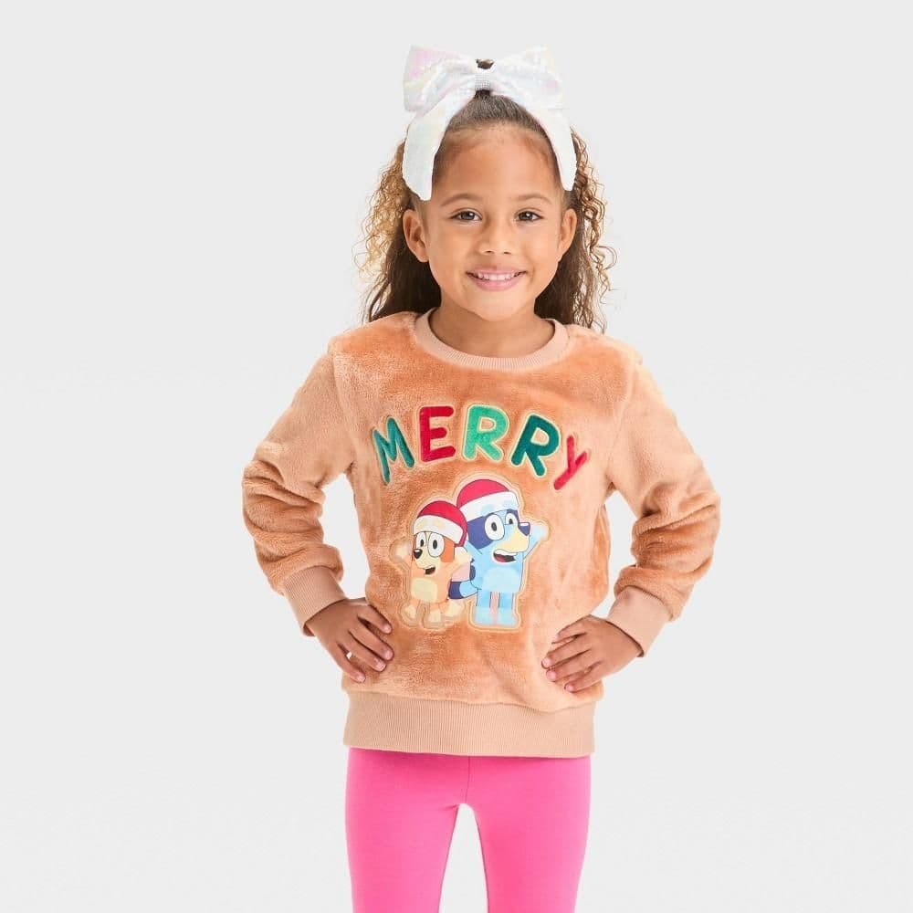 #3144 5T Toddler Bluey Christmas "Merry" Cozy Woobie Pullover - Brown - Default