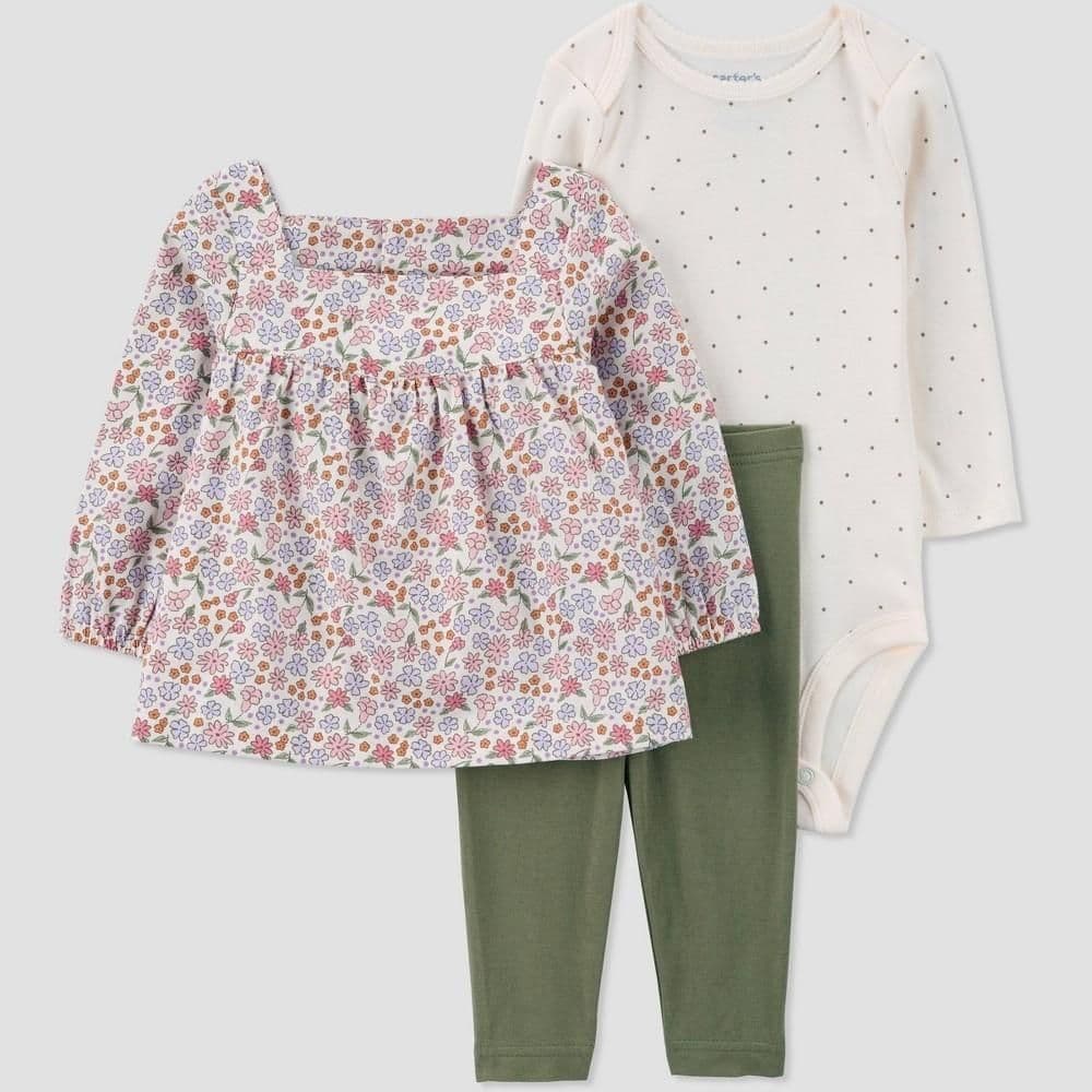 #3595 3M Carter's Just One You Baby Girls' 3pc Floral Top & Bottom Set - Green - Default