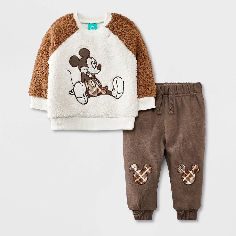 #0989 Newborn Baby Boys' Mickey Faux Shearling Plaid Patch Fleece Set - Brown - Default