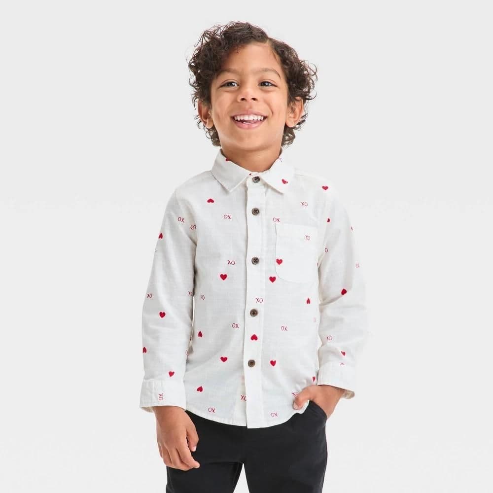 #8995 4T Toddler Boys' Long Sleeve Heart Printed Woven Shirt - Cat & Jack Cream - Default