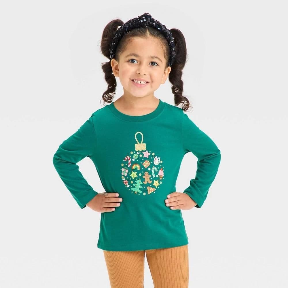 #3236 5T Toddler Girls' Christmas Ornament Long Sleeve GraphicT-Shirt - Cat & Jack Dark Green - Default
