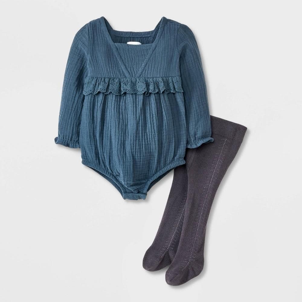 #3558 0-3M Grayson Mini Baby Girls' Bubble Romper with Tights - Navy Blue/Gray - Default
