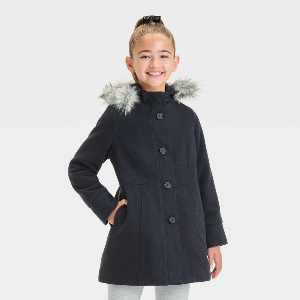 #5618 Large Girls' Solid Faux Fur Jacket - Cat & Jack Black - Default