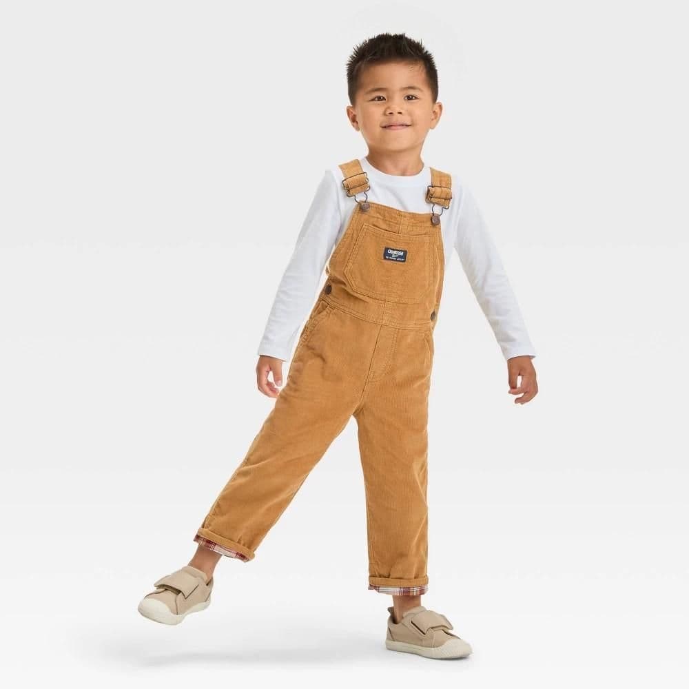 #9120 5T OshKosh B'gosh Toddler Boys' Plaid Trim Corduroy Overalls - Brown - Default