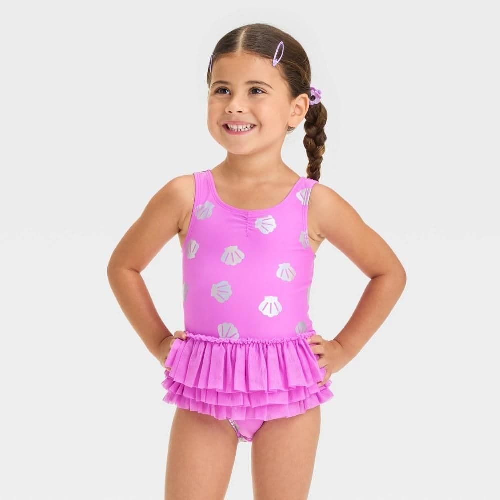 #9208 5T Toddler Girls' Seashell Printed Tutu One Piece Swimsuit - Cat & Jack Purple - Default