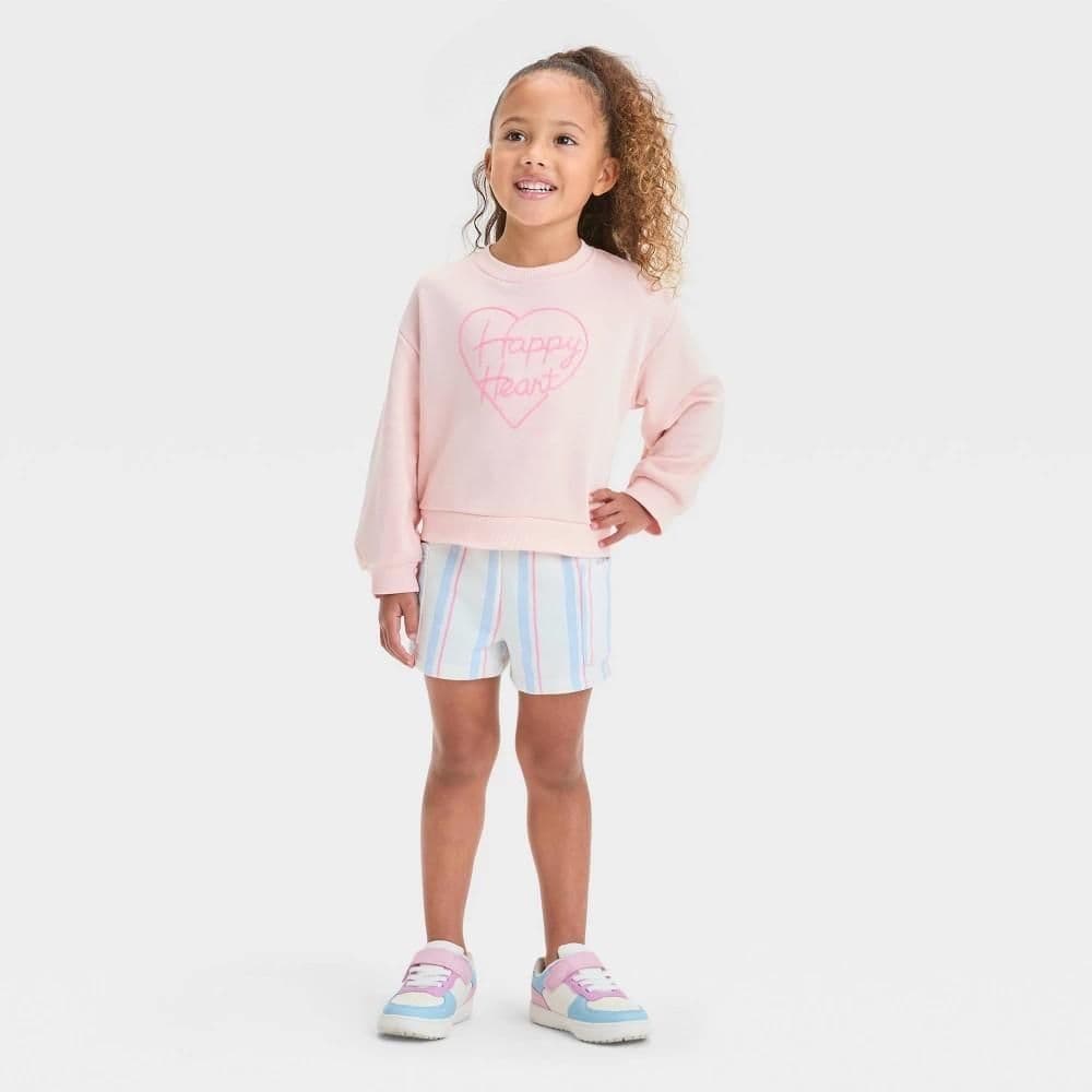 #8576 18M Toddler Girls' "Happy Heart" French Terry Valentine's Day Striped Shorts Set - Cat & Jack Pink/Off-White - Default