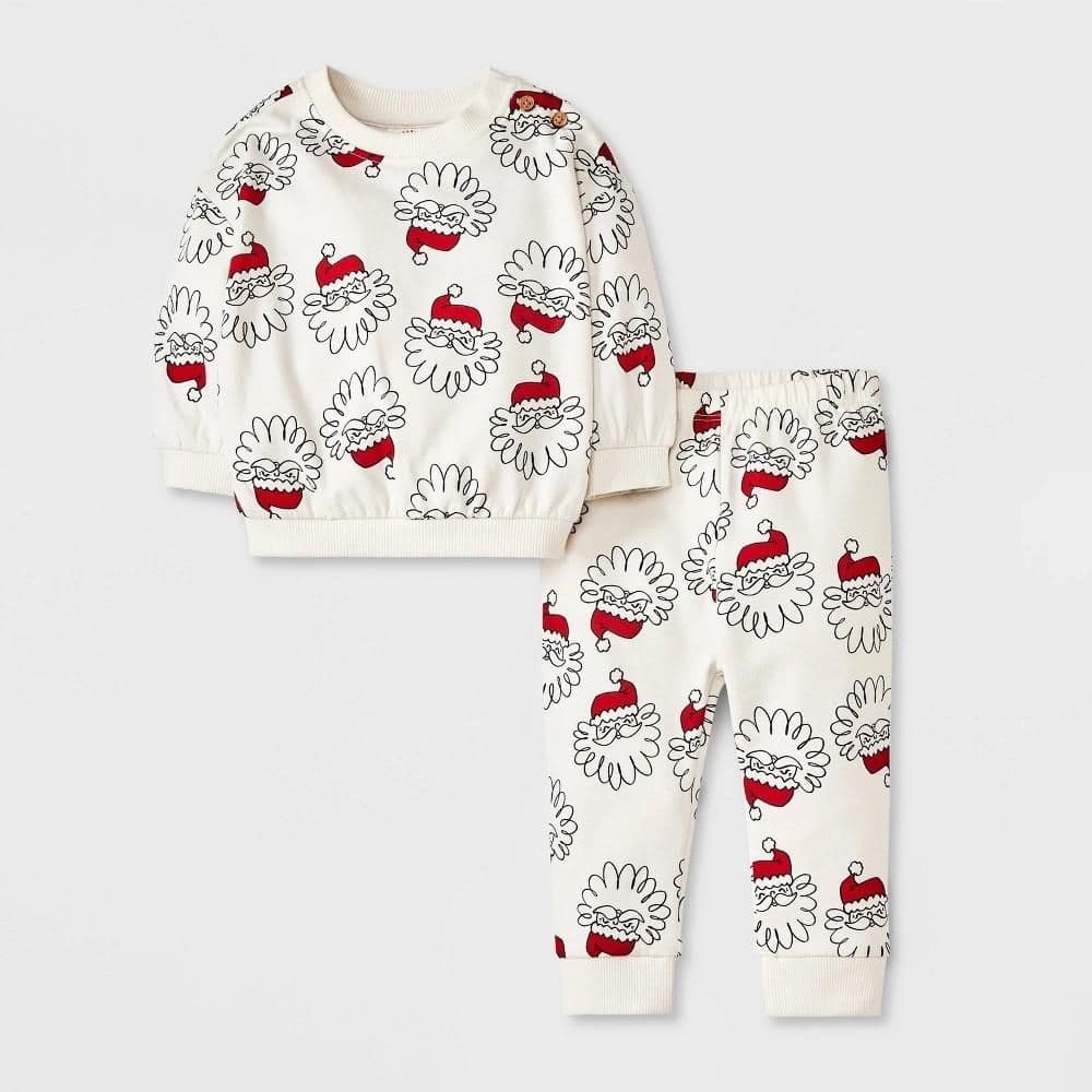 #1663 12M Baby Holiday Christmas Santa Fleece Sweatshirt & Jogger Pants Set - Cat & Jack White/Red - Default