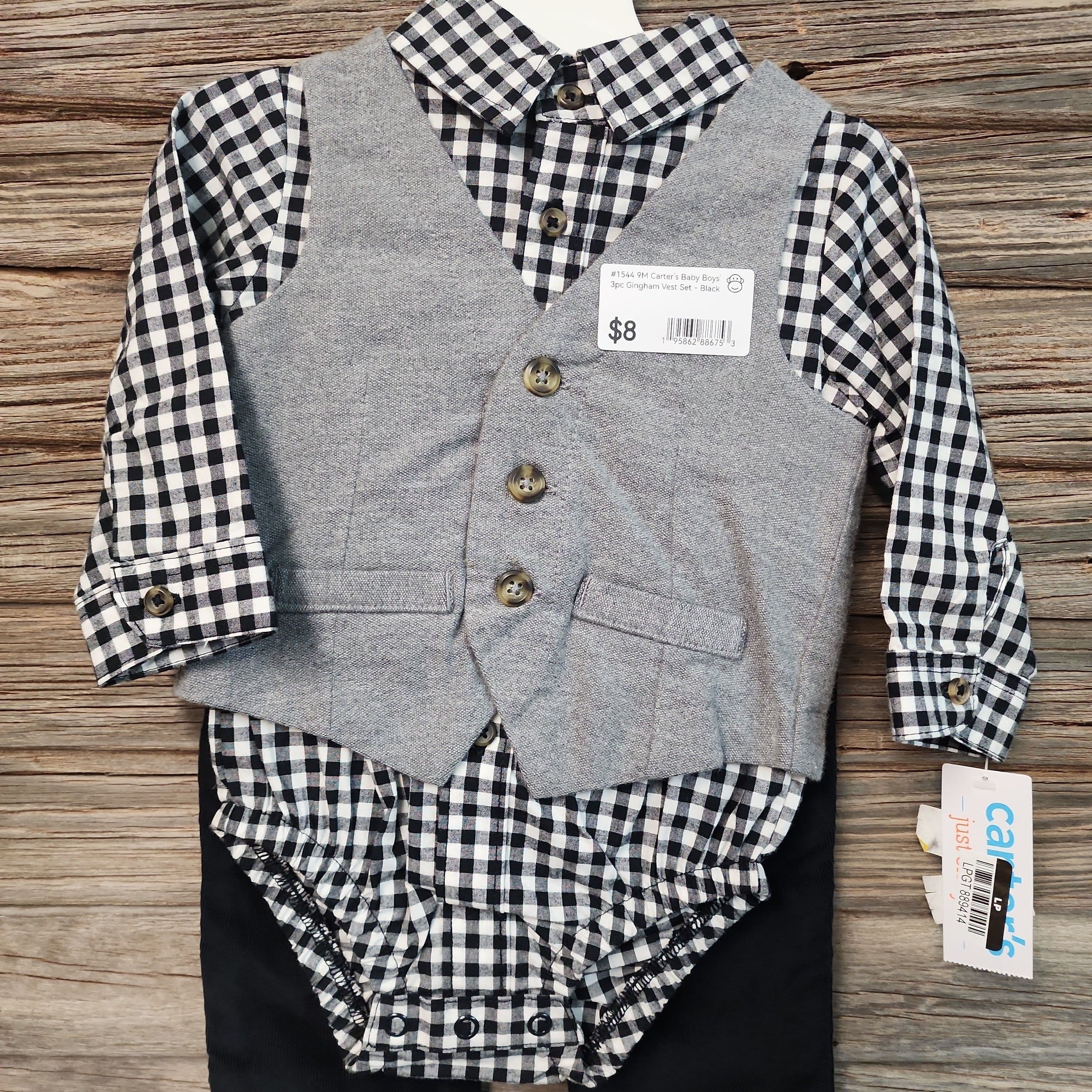 #1544 9M Carter's Baby Boys' 3pc Gingham Vest Set - Black - Default