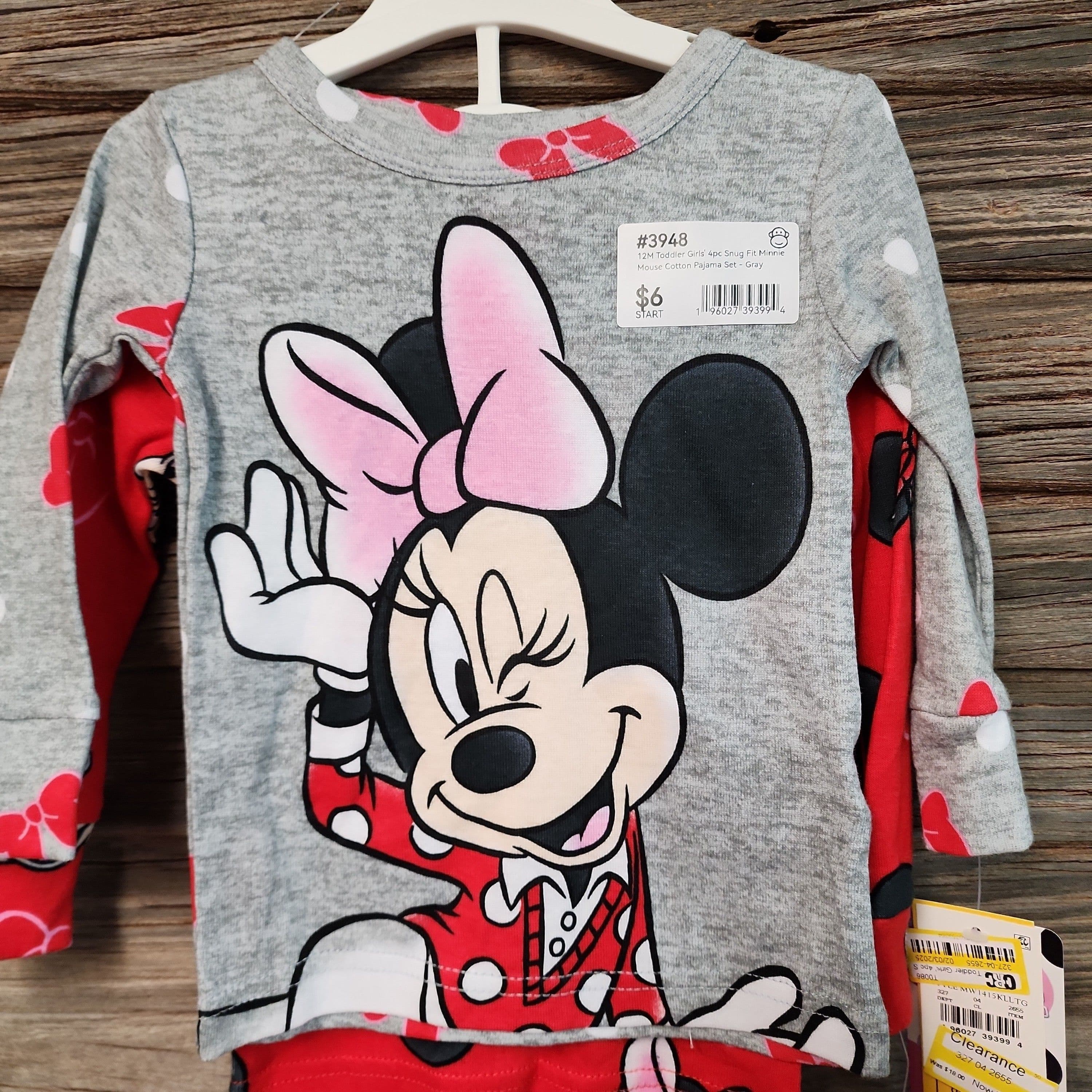 #3948 12M Toddler Girls' 4pc Snug Fit Minnie Mouse Cotton Pajama Set - Gray - Default