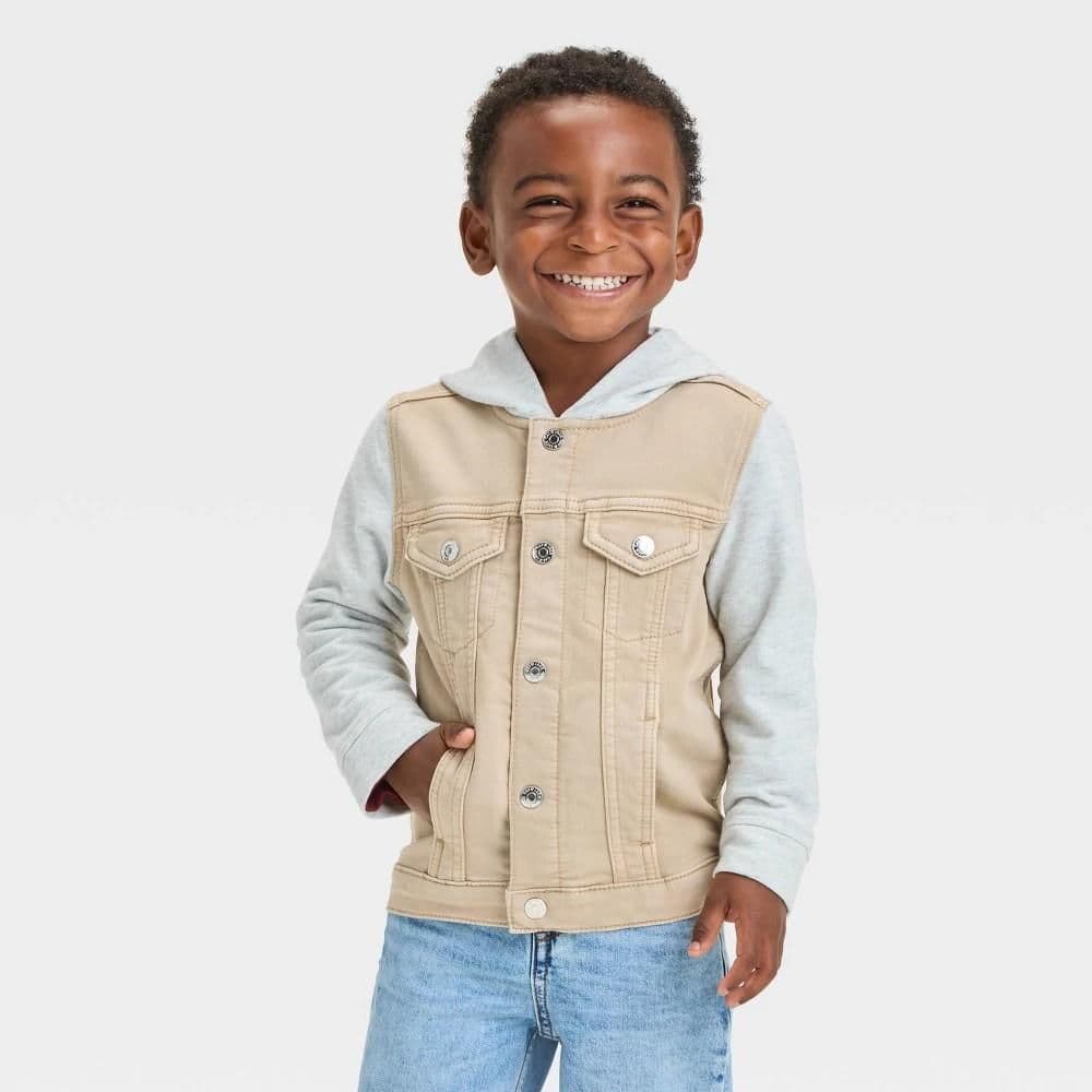 #4696 5T Toddler Boys' Hooded Denim Button Front Jacket - Cat & Jack Beige - Default