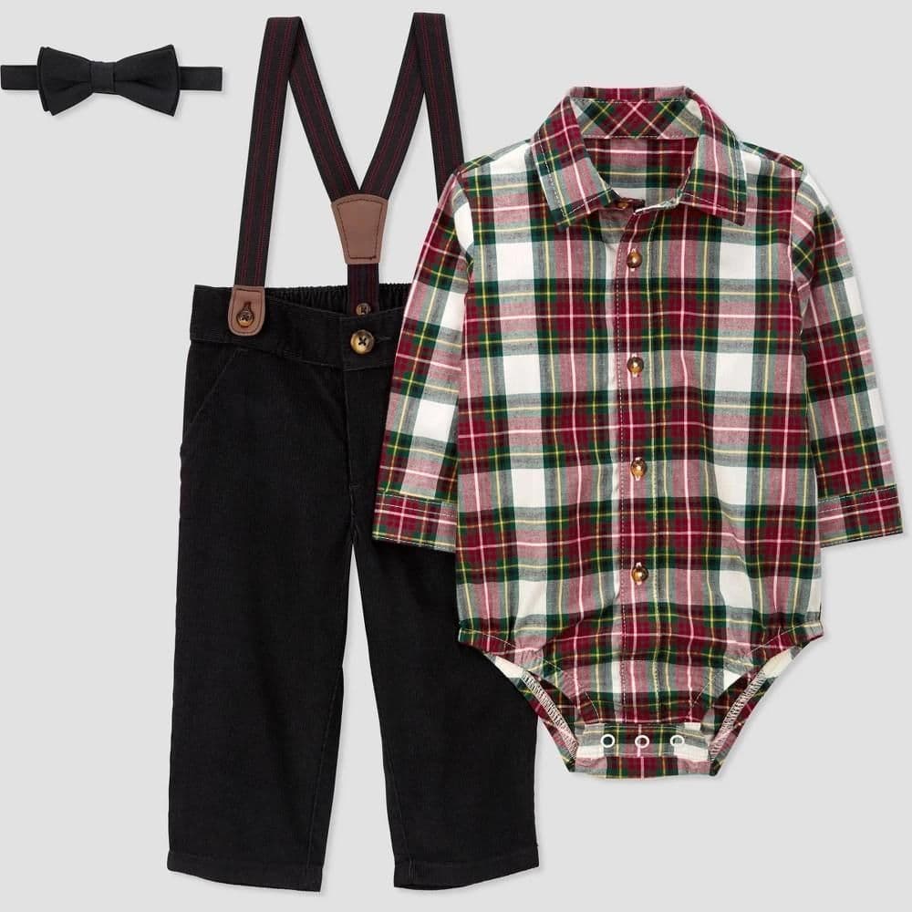 #1201 3M Carter's Baby Boys' Plaid Suspender 3pcTop & Bottom Set - Red/White - Default