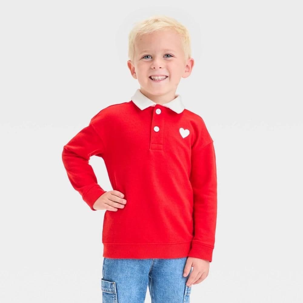 #4245 2T Toddler Boys' Heart Collared French Terry Pullover - Cat & Jack Red - Default