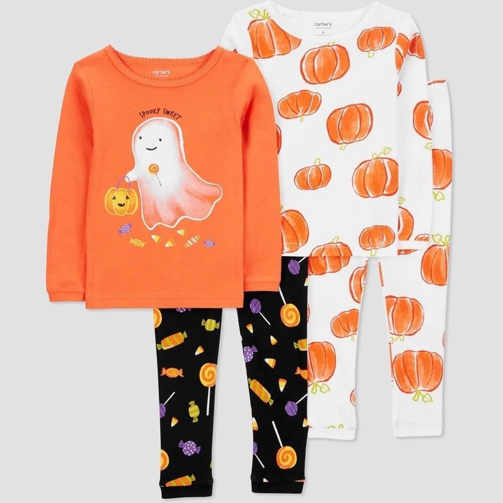 #4045 18M Carter's Just One You Toddler Girls' Long Sleeve 4pc Halloween Ghosts and Pumpkins Pajama Set - Black/Orange/White - Default