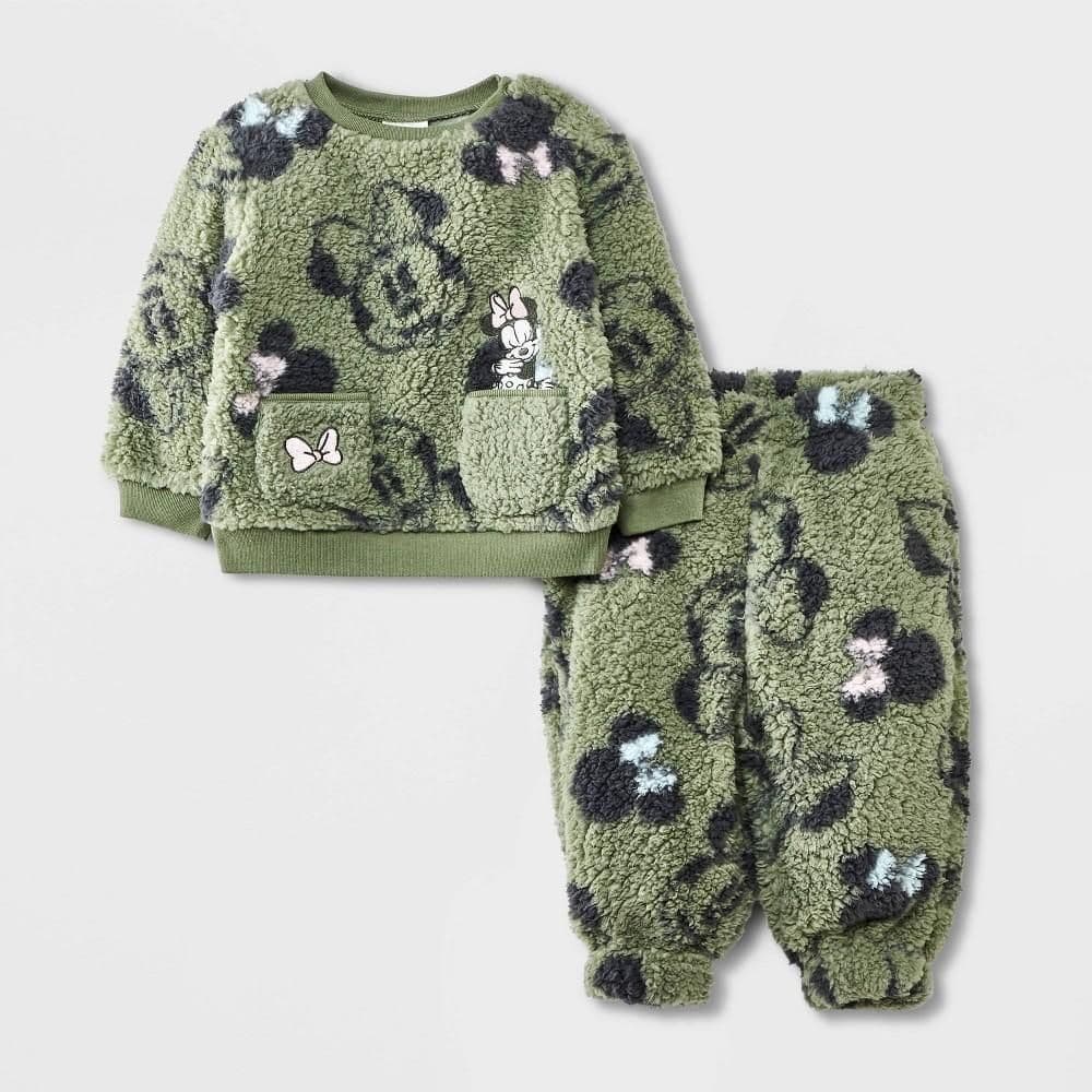 #8010 Newborn Baby Girls' Disney Minnie Mouse Faux Shearling Fleece Pullover and Pants Set - Teal - Default