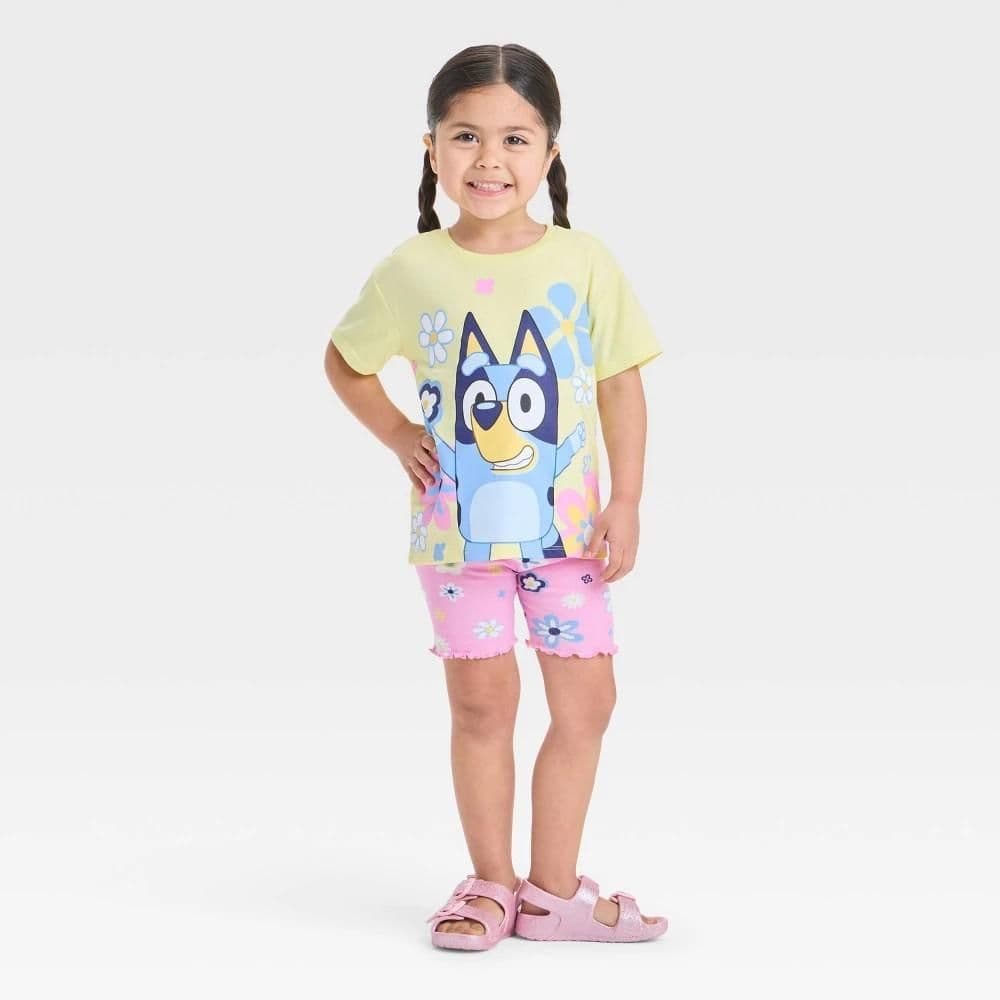 #9164 5T Toddler Girls' 2pc Bluey Floral T-Shirt & Biker Shorts Set - Yellow - Default