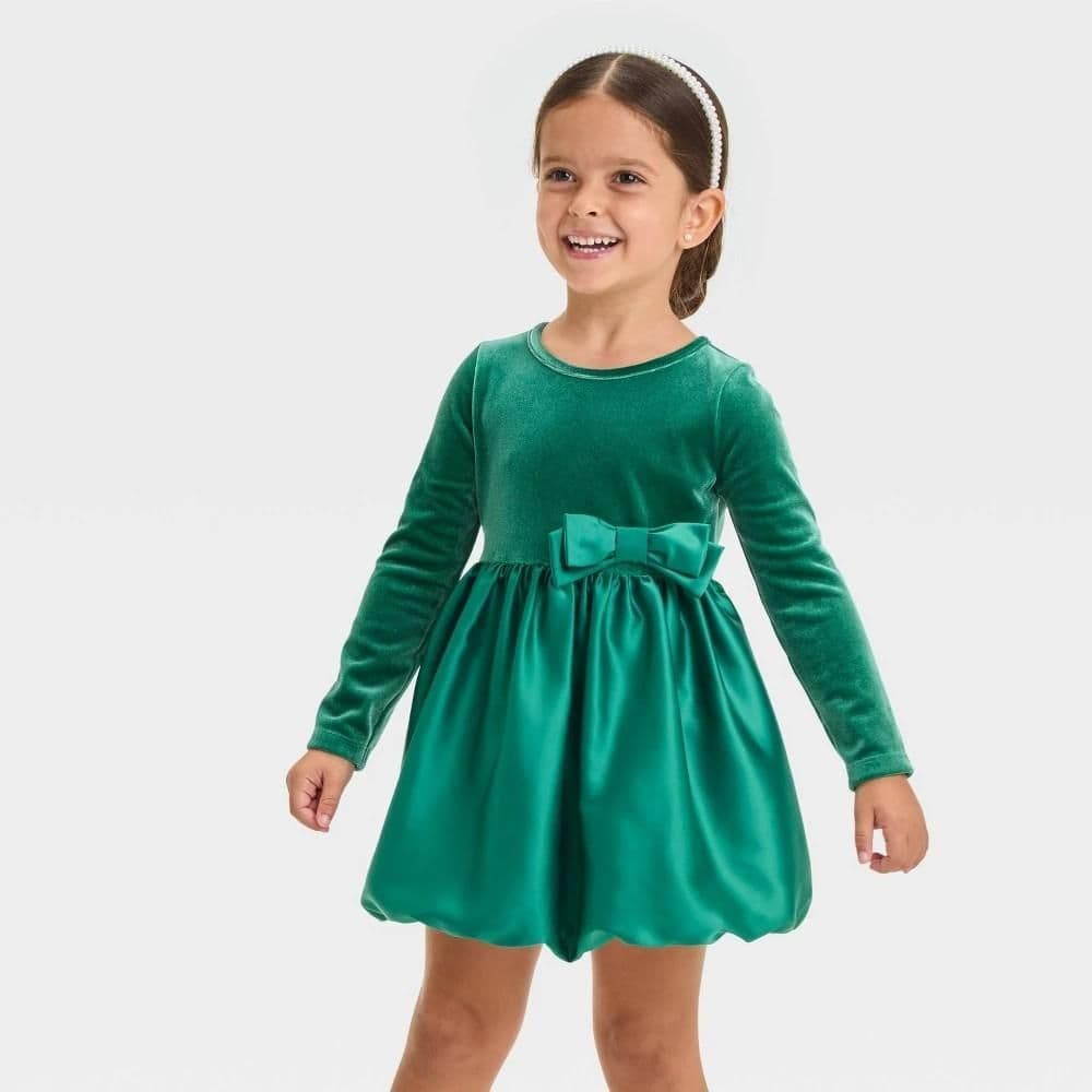 #3320 5T Toddler Girls' Velour Satin Long Sleeve Dress - Cat & Jack Dark Green - Default