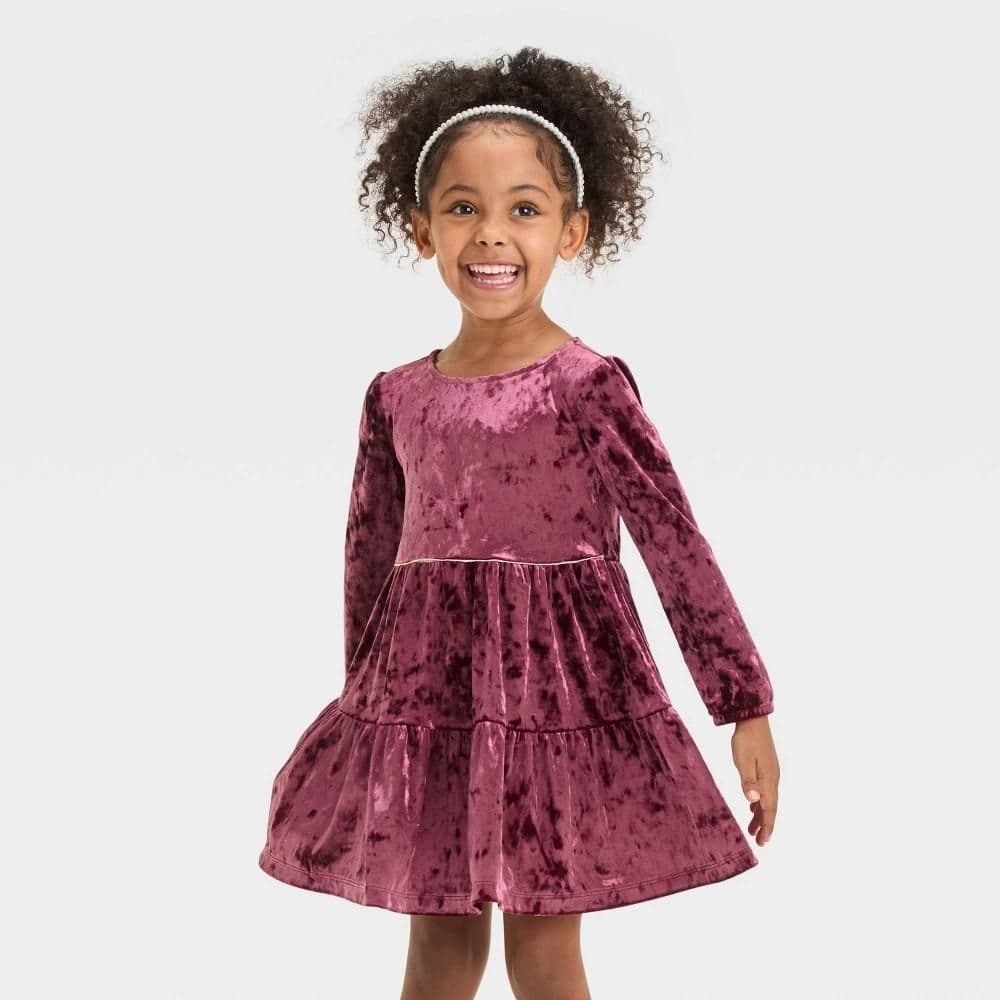 #2863 4T OshKosh B'goshToddler Girls' Long Sleeve Velvet Dress - Burgundy - Default