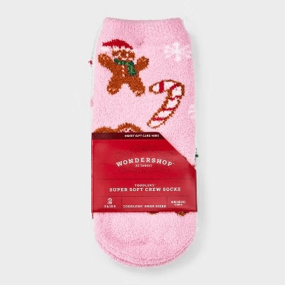 #5054 XS/S Kids' 2pk Gingerbread Cookies Cozy Christmas Crew Socks with Gift Card Holder - Wondershop Pink - Default