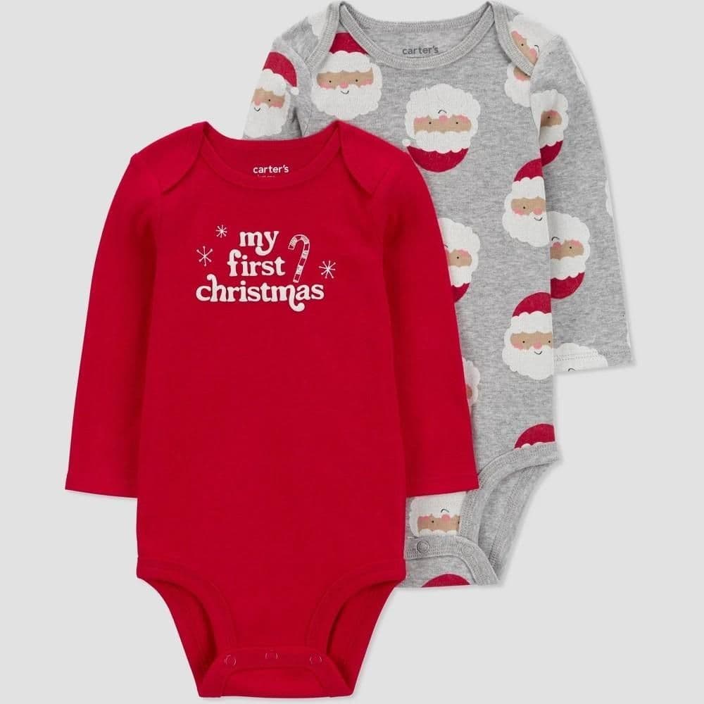 #1711 12M Carter's Baby Christmas 2pk Santa's First Christmas Bodysuit - Red/Gray - Default