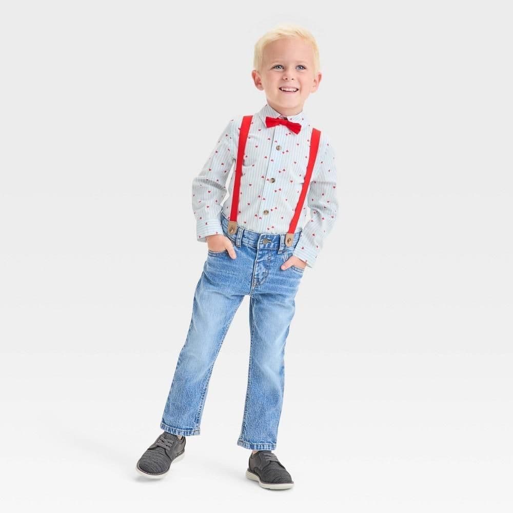 #3207 5T Toddler Boys' Valentine's Day Heart Print BowTie Shirt and Denim Suspender Set - Cat & Jack Cream - Default