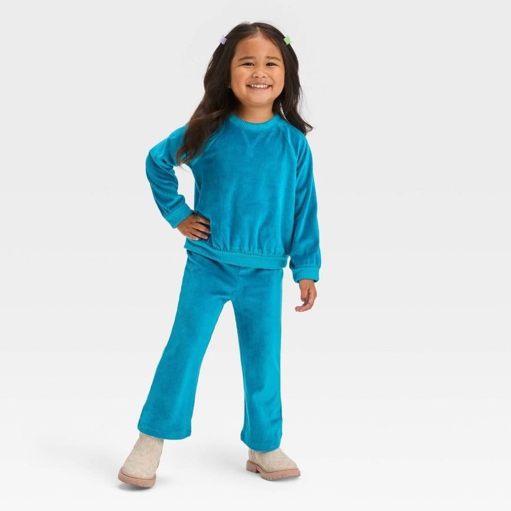 #4159 18M Toddler Girls' Ribbed Velour Top & Bottom Set - Cat & Jack Teal Blue - Default