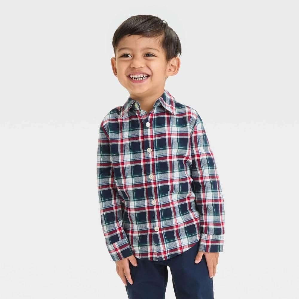 #8528 18M OshKosh B'gosh Toddler Boys' Plaid Long Sleeve Flannel Shirt - Green/Red - Default