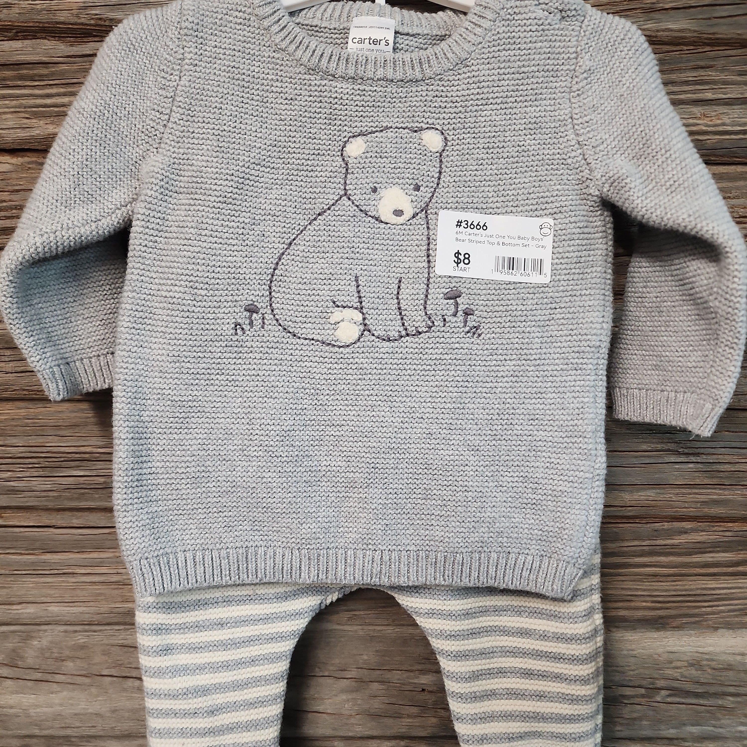 #3666 6M Carter's Just One You Baby Boys' Bear Striped Top & Bottom Set - Gray - Default
