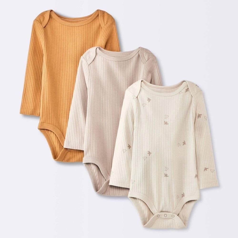 #1620 12M Baby 3pk Birds Long Sleeve Wide Ribbed Bodysuit - Cloud Island Bronze - Default
