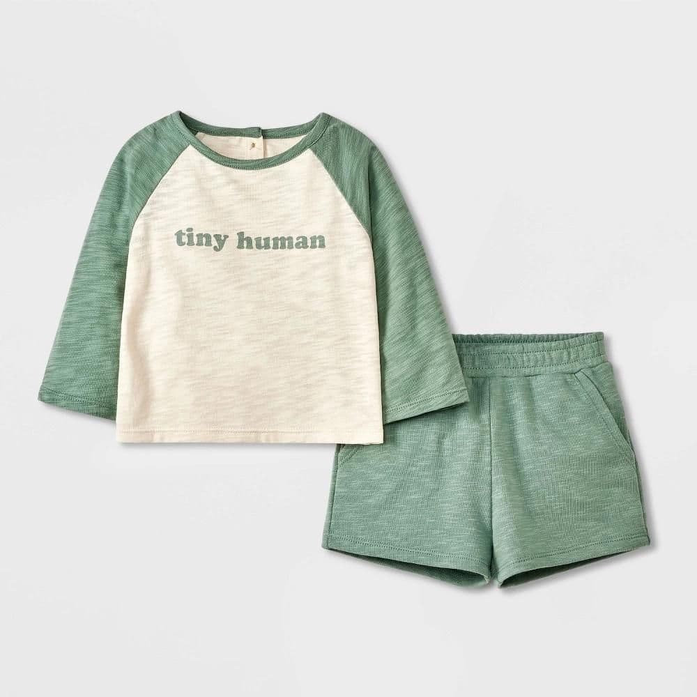 #8114 3-6M Baby 'Tiny Human' French Terry T-Shirt & Shorts Set - Cloud Island Green - Default