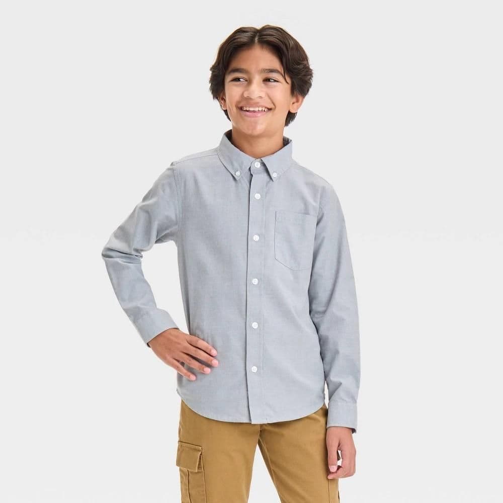 #5081 Small Boys' Long Sleeve Poplin Button-Down Shirt - Cat & Jack Gray - Default