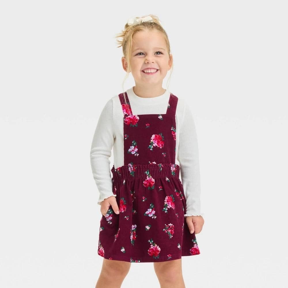 #9045 4T Toddler Girls' Corduroy Mockneck Long Sleeve Floral Skirtall - Cat & Jack Burgundy - Default