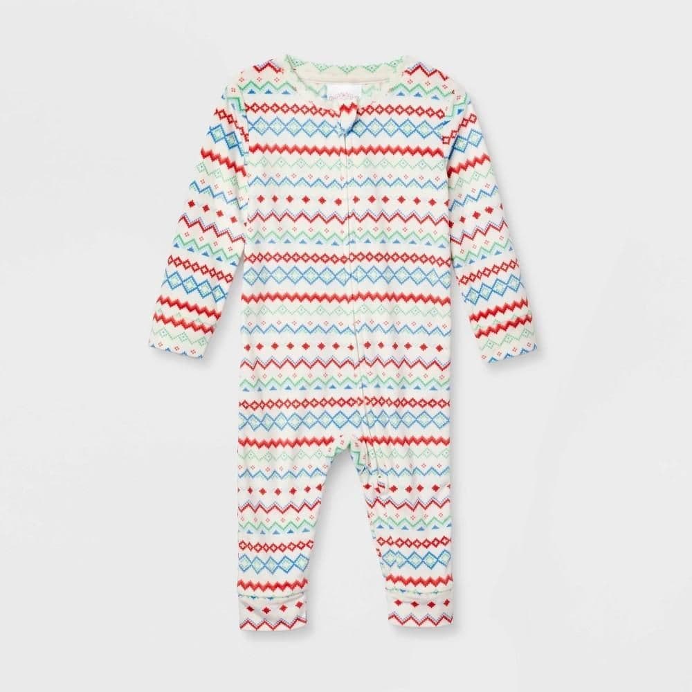 #1313 3-6M Baby Fair Isle Print Snuggly Soft Holiday Matching Family Pajama Union Suit - Wondershop White - Default