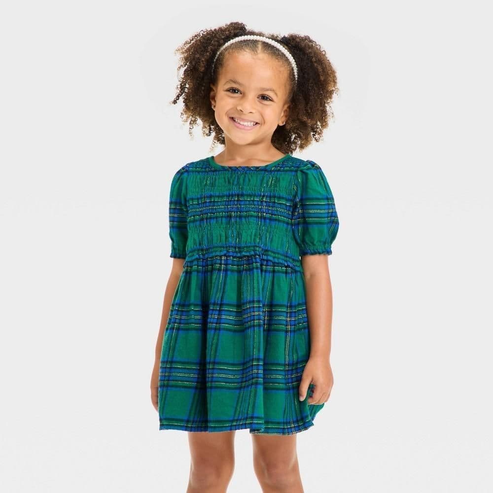 #3302 5T Toddler Girls' Short Sleeve Plaid Dress - Cat & Jack Green - Default
