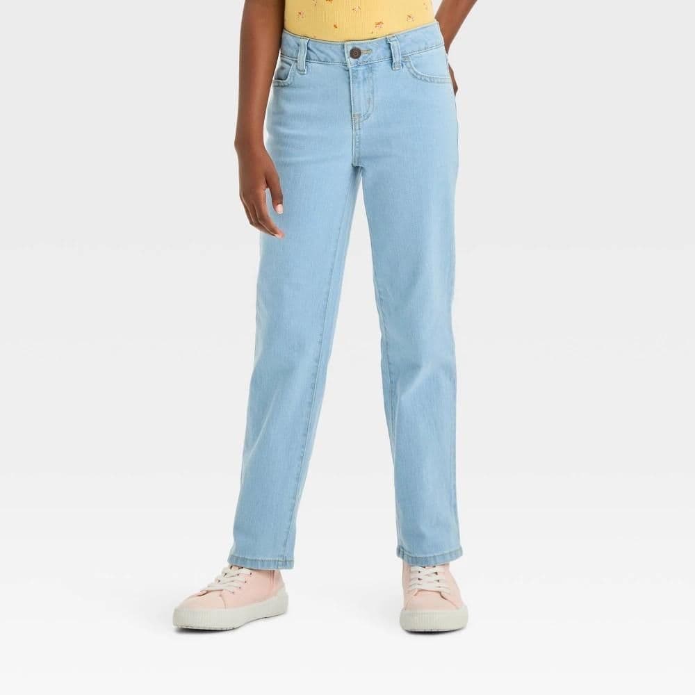#4839 Size 7 Girls' Mid-Rise Denim Straight Jeans - Cat & Jack Light Wash - Default