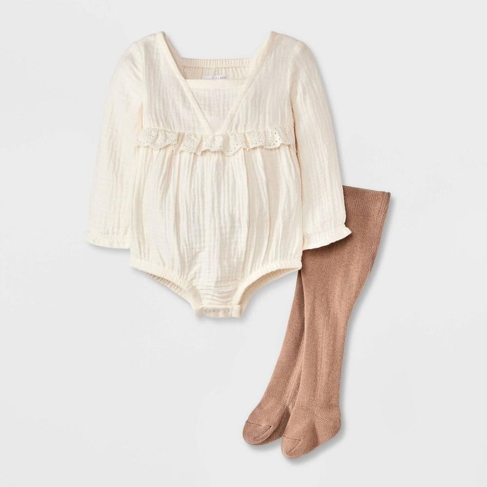 #8035 Newborn Grayson Mini Baby Girls' Bubble Romper with Tights - Cream/Taupe - Default