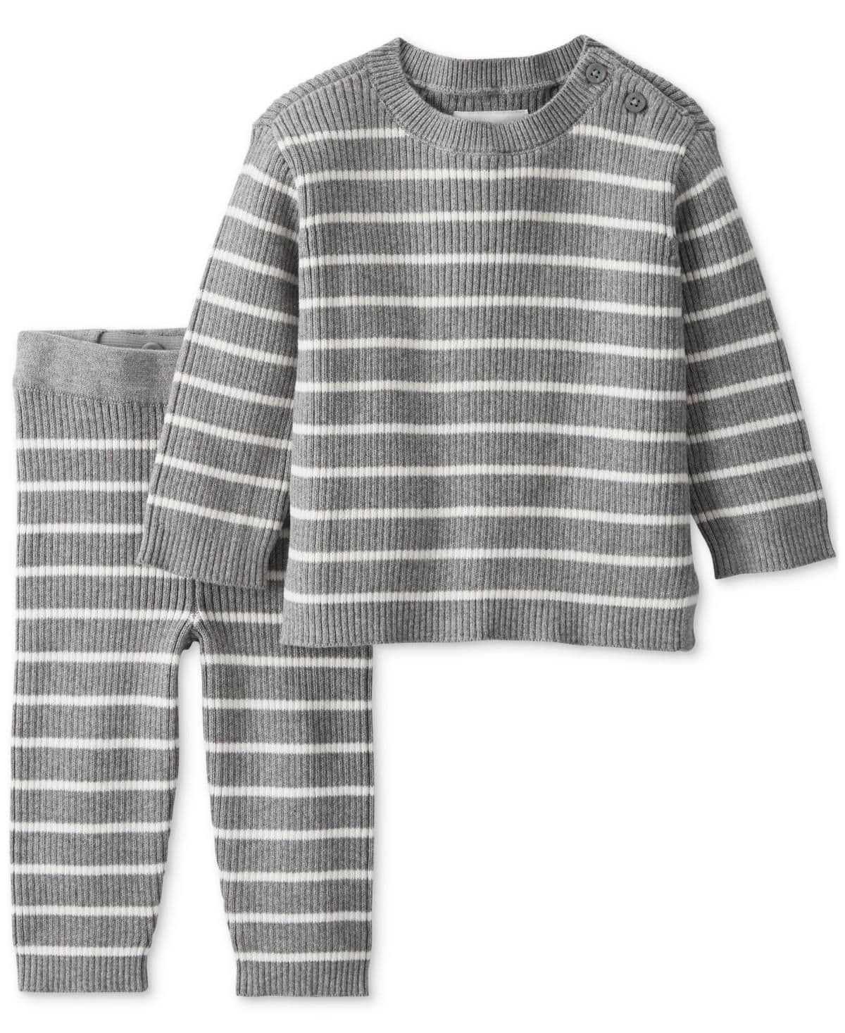 #8344 12M Little Planet by Carter's Organic Baby Knit Striped Pullover Sweater & Pull-On Pants Set - Gray - Default
