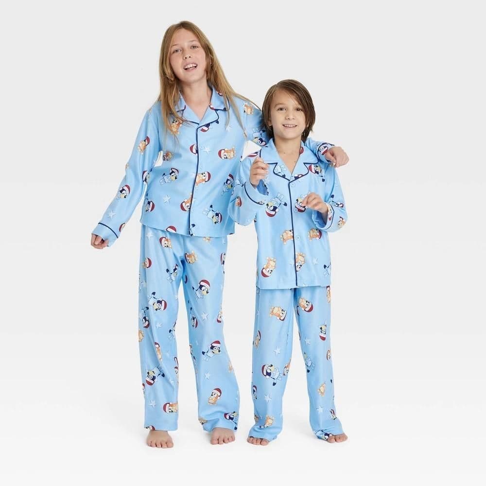 #5641 Large Kids' Christmas Bluey Coat Pajama Set - Blue - Default