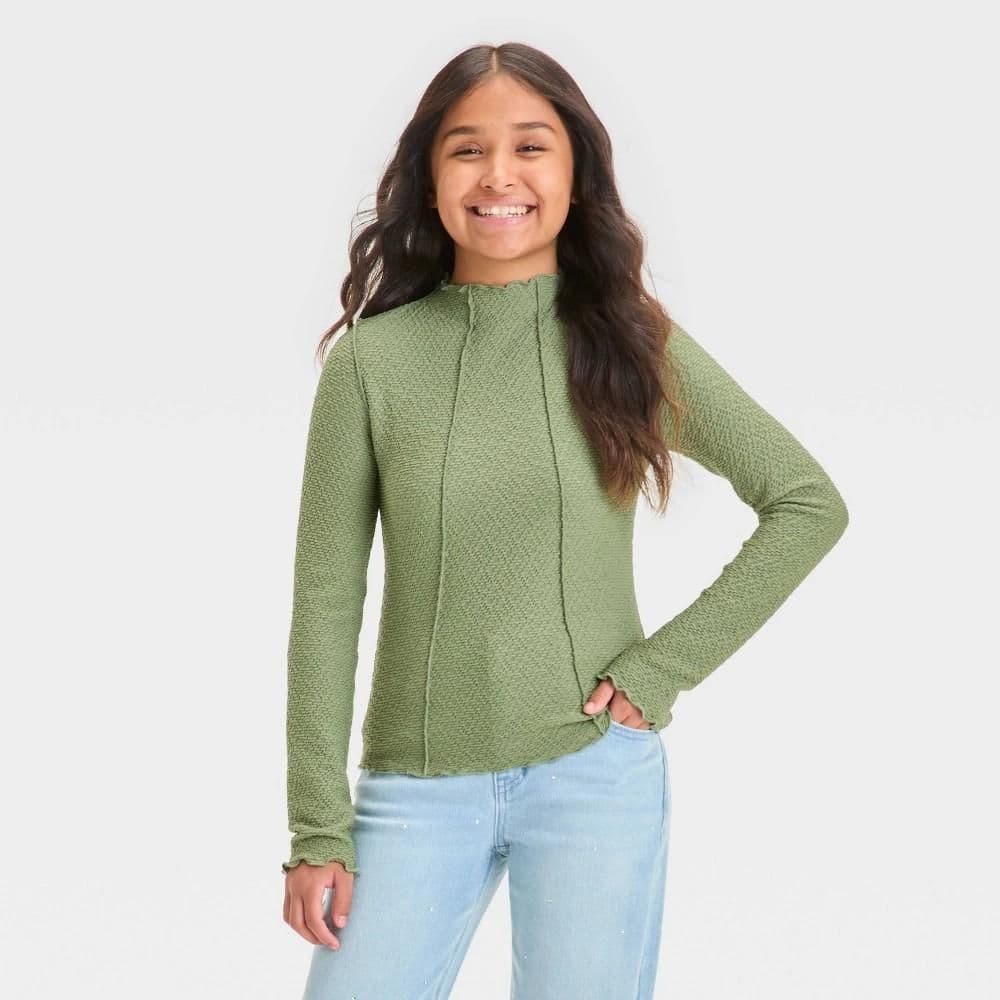 #5810 XXL Girls' Long Sleeve Textured Mock Turtleneck T-Shirt - art class Sage Green - Default