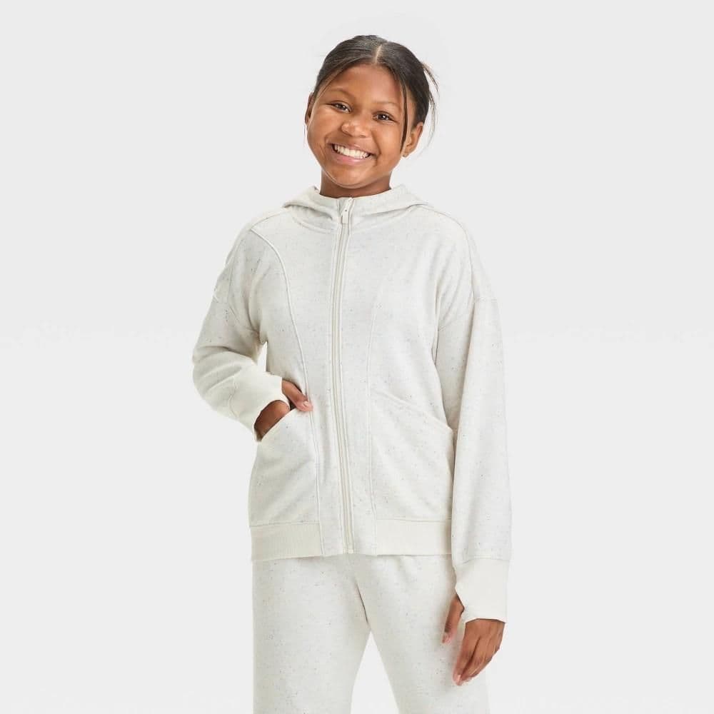 #5723 XL Girls' Fleece Full Zip Hoodie Sweatshirt - All In Motion Heather Cream - Default