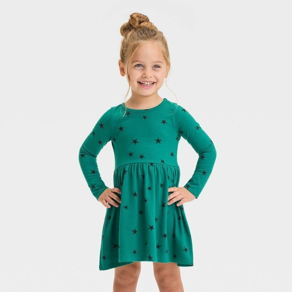 #2781 3T Toddler Girls' Solid Star Long Sleeve Dress - Cat & Jack Dark Green - Default
