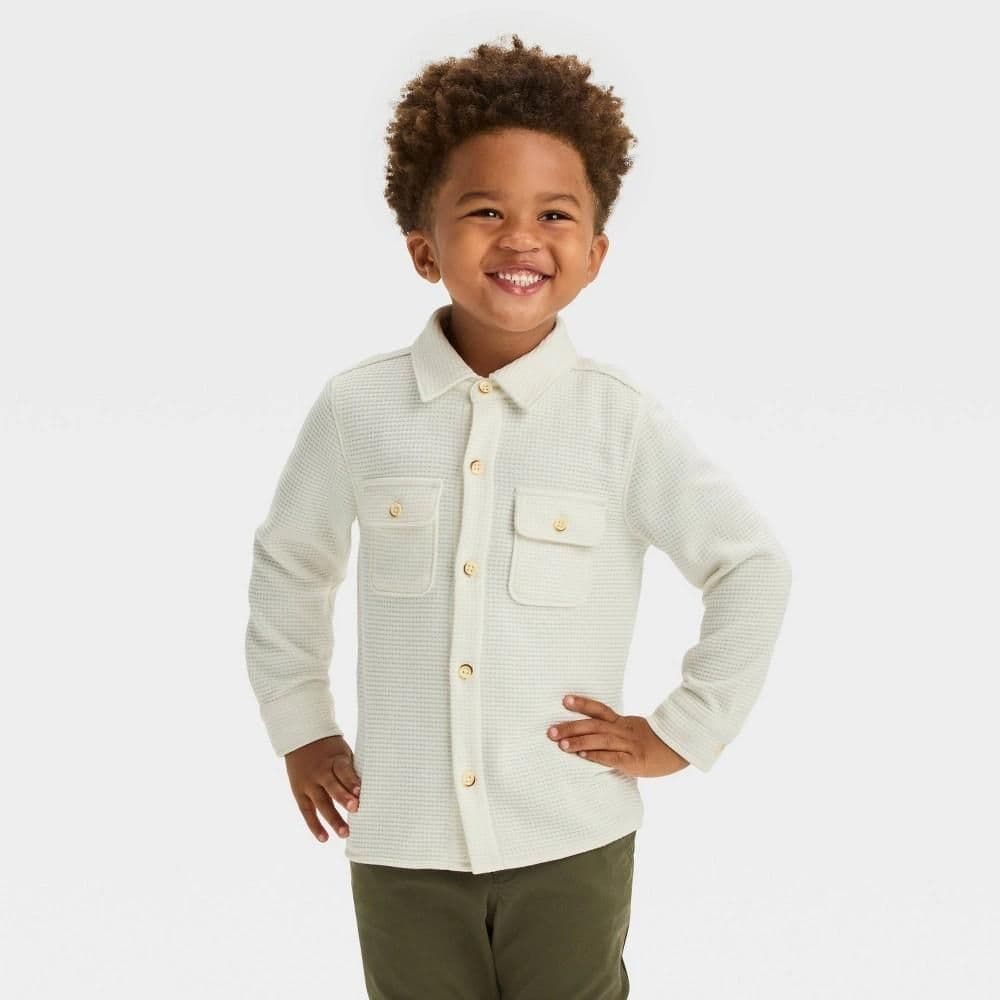 #9000 4T Toddler Boys' Long Sleeve Waffle 'Button-Up' Shirt - Cat & Jack Cream - Default