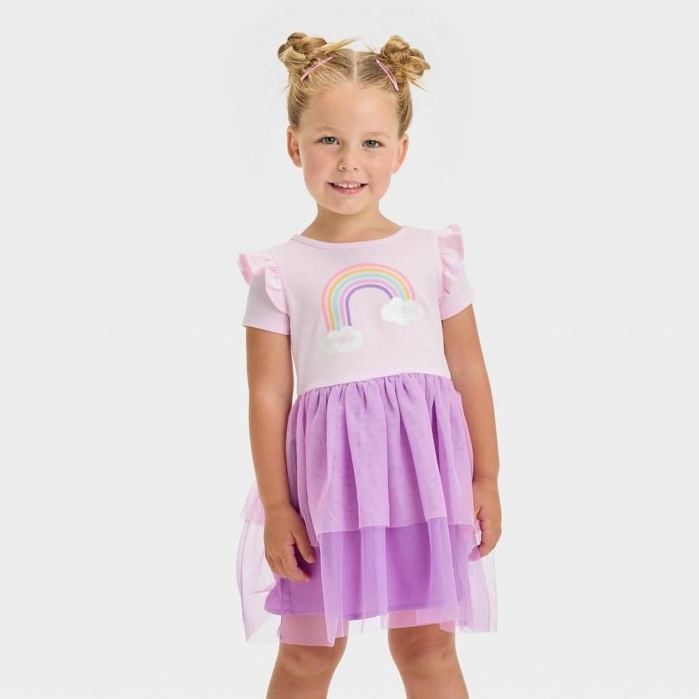 #8925 3T Toddler Girls' Short Sleeve Rainbow Tulle Dress - Cat & Jack Light Pink - Default