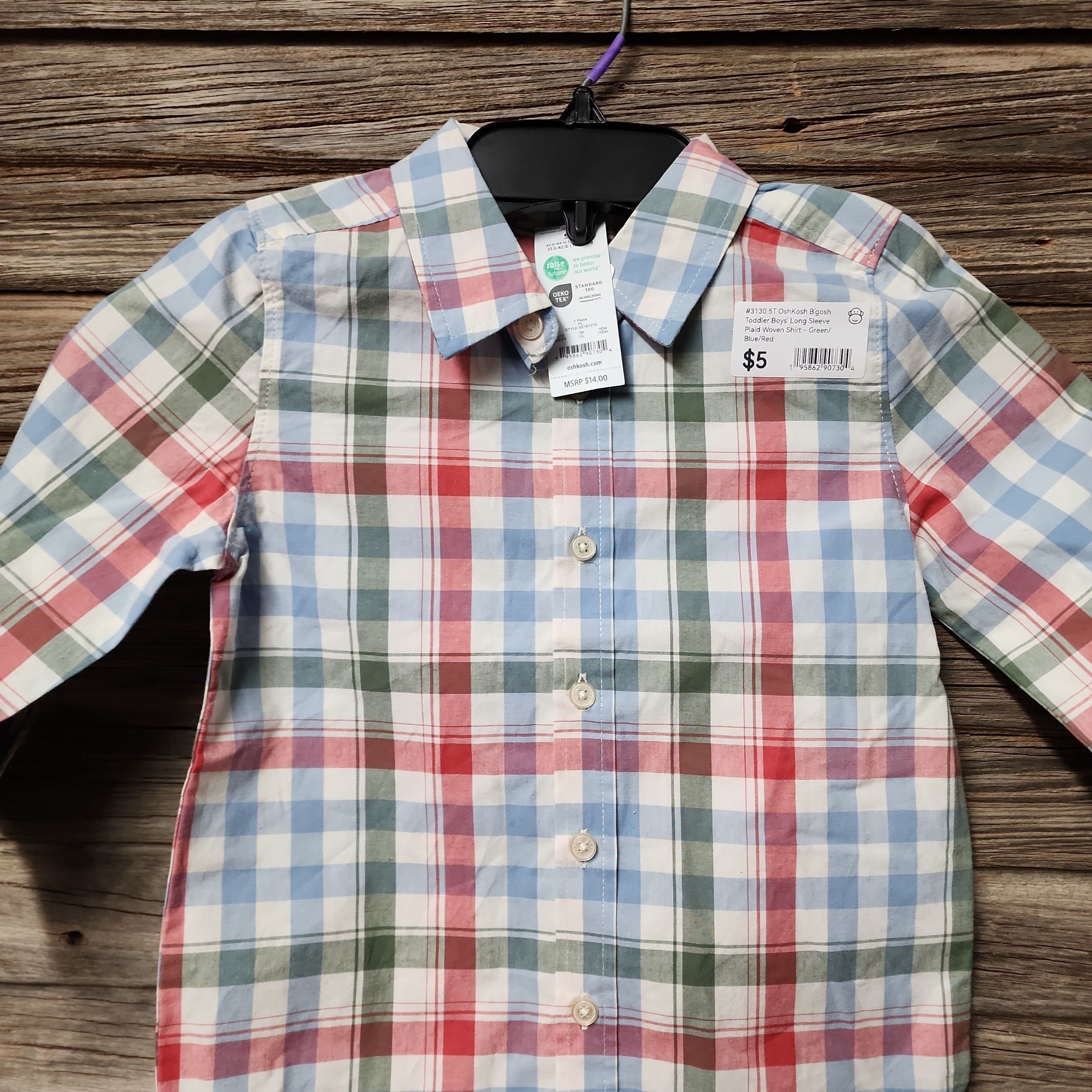 #3130 5T OshKosh B'goshToddler Boys' Long Sleeve Plaid Woven Shirt - Green/Blue/Red - Default