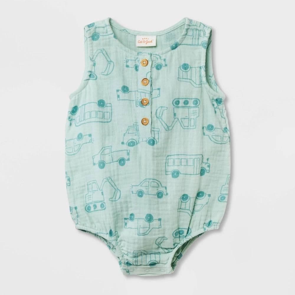 #1647 12M Baby GauzeTransportation Romper - Cat & Jack Aqua Green - Default