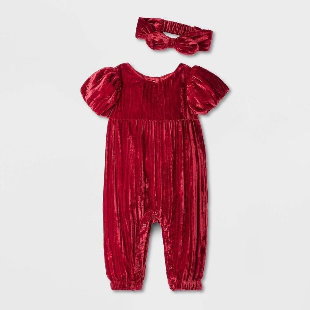 #3535 0-3M Baby Girls' Crinkle Velour Romper - Cat & Jack Dark Red - Default