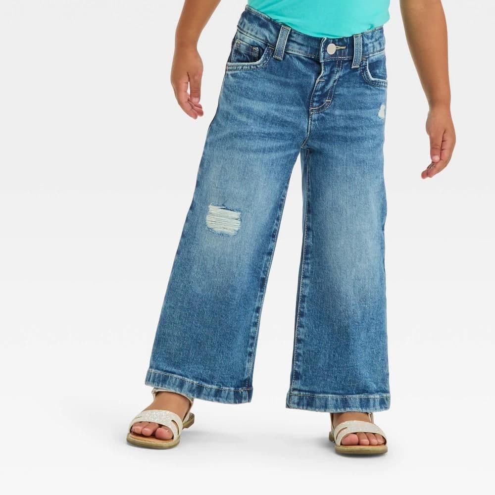 #4451 3T Toddler Girls' Destroy Wide Leg Denim - Cat & Jack Medium Wash - Default