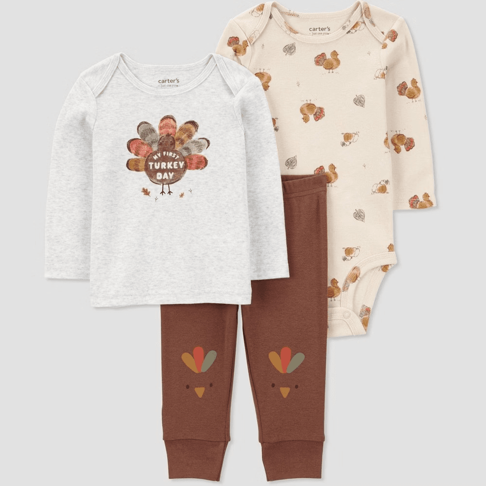 #1682 12M Carter's Baby 3pcTurkeyTop & Bottom Set - Gray/Brown - Default