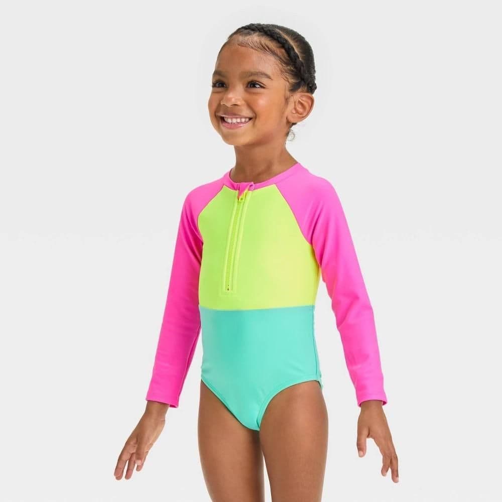 #3282 5T Toddler Girls' Long Sleeve Solid Colorblock One Piece Swimsuit - Cat & Jack Pink - Default