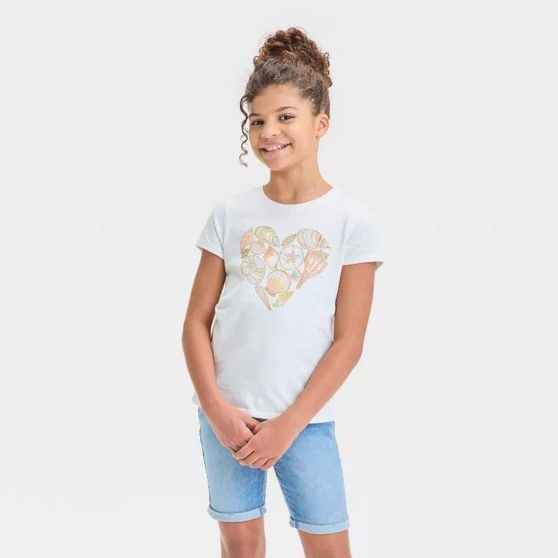 #5840 XXL Plus Girls' Short Sleeve Shell Heart Graphic T-Shirt - Cat & Jack Cream - Default