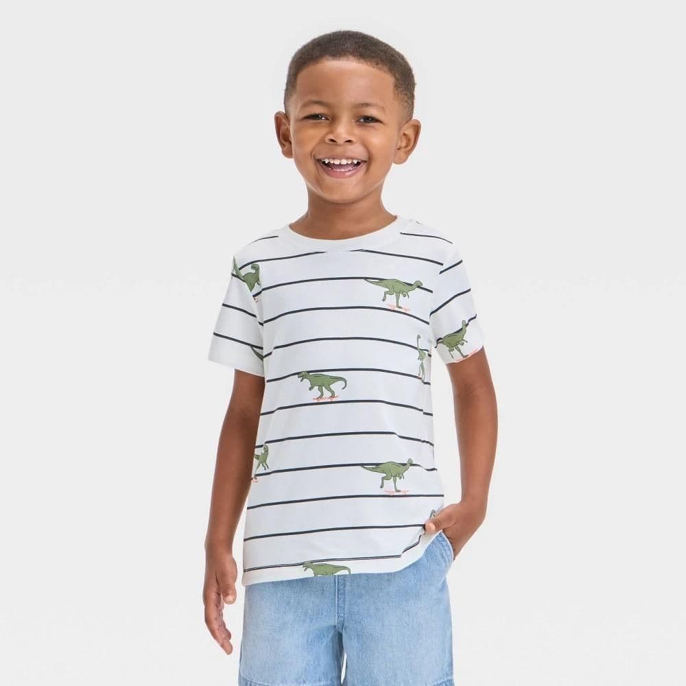 #8861 3T Toddler Boys' Short Sleeve Dino Skateboard T-Shirt - Cat & Jack Cream : Cotton Blend, Recycled Polyester, Stripe Dinosaur Print - Default